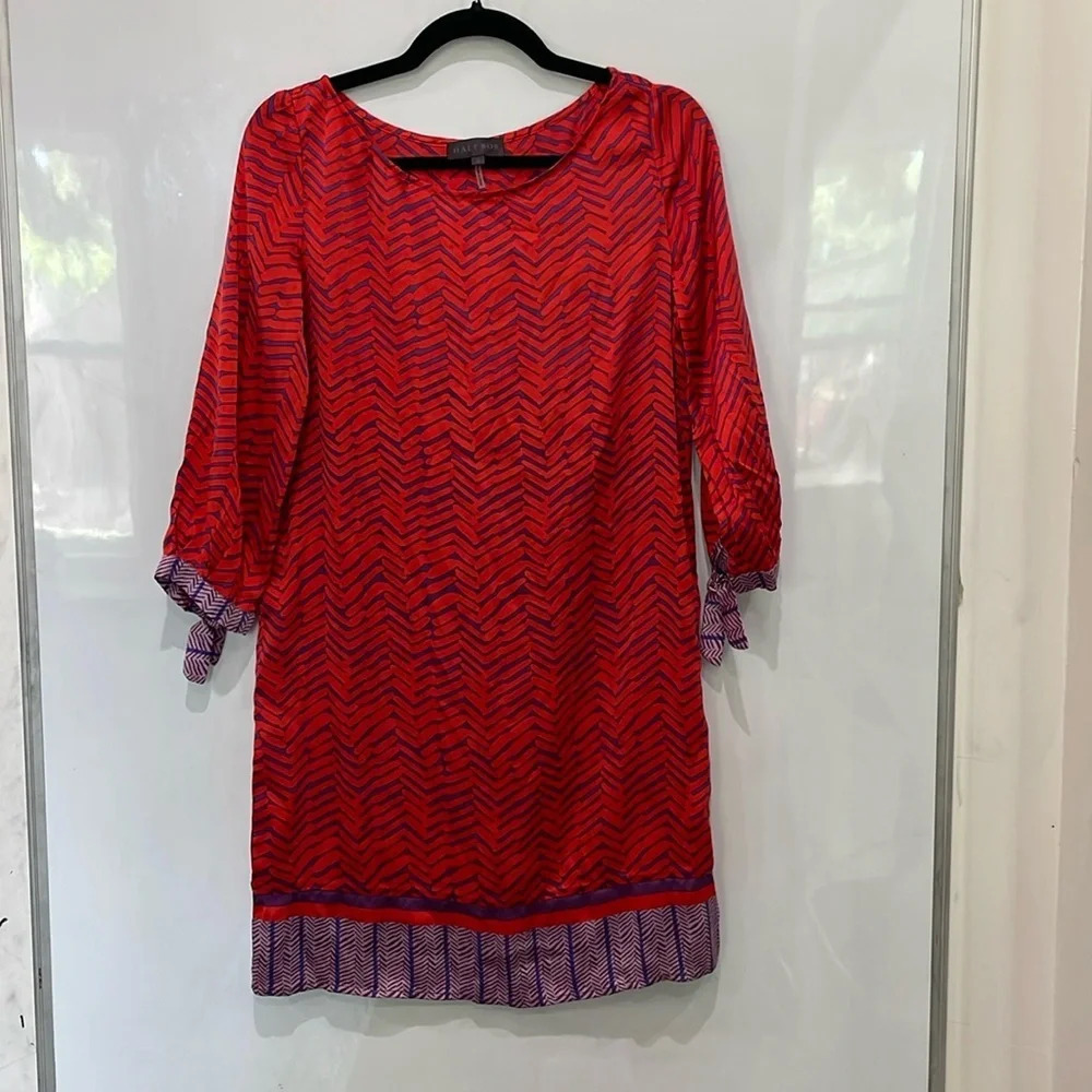 Hale Bob Silk Red Purple Blue Boat Neck 3/4 Sleeves BoHo Loose Fit Dress Small
